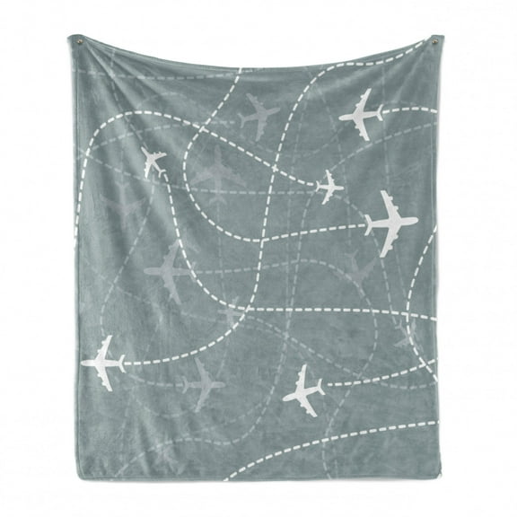 Airport Soft Flannel Fleece Throw Blanket, Repetitive Pattern of Simple Airplane Traces Scheme in Monochromatic Design, Cozy Plush for Indoor and Outdoor Use, 50" x 70", Grey Teal White, by Ambesonne
