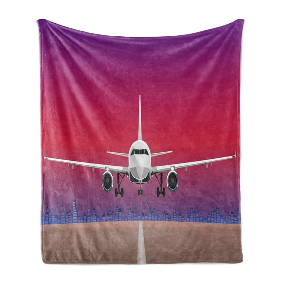 Airport Soft Flannel Fleece Throw Blanket, Take Off Plane over Abstract Colorful Sunset Sky with Building Silhouettes, Cozy Plush for Indoor and Outdoor Use, 50" x 70", Multicolor, by Ambesonne