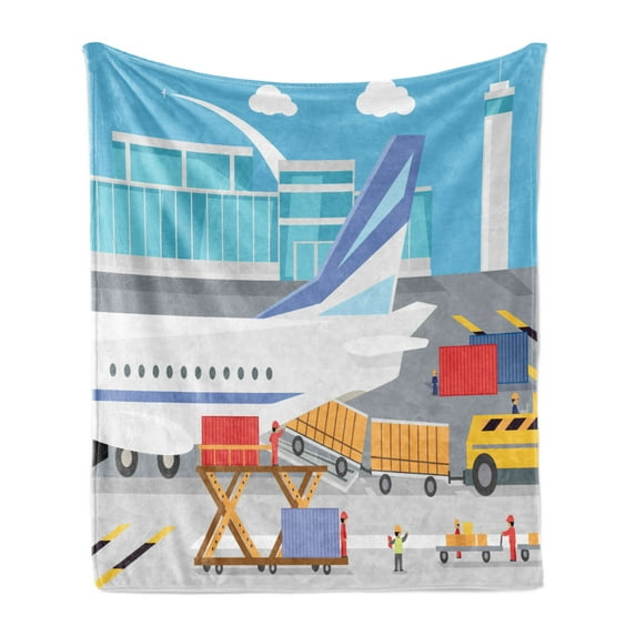 Airport Soft Flannel Fleece Throw Blanket, Transportation Cartoon Composition of Loading Freight Containers in Cargo Plane, Cozy Plush for Indoor and Outdoor Use, 70" x 90", Multicolor, by Ambesonne