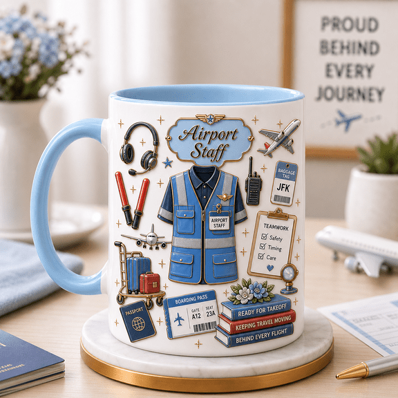 Airport Staff Ceramic Coffee Mugs Blue Handle Gift for Ground Crew and Crew Team 11 oz 15 oz
