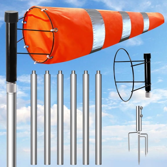 Airport Windsock Kit, 8 in x 36 in Aviation Grade Wind Sock Pole Kit with Swivel, Includes No-Dig Ground Anchor Metal Pole, Assembly Height 9 Ft