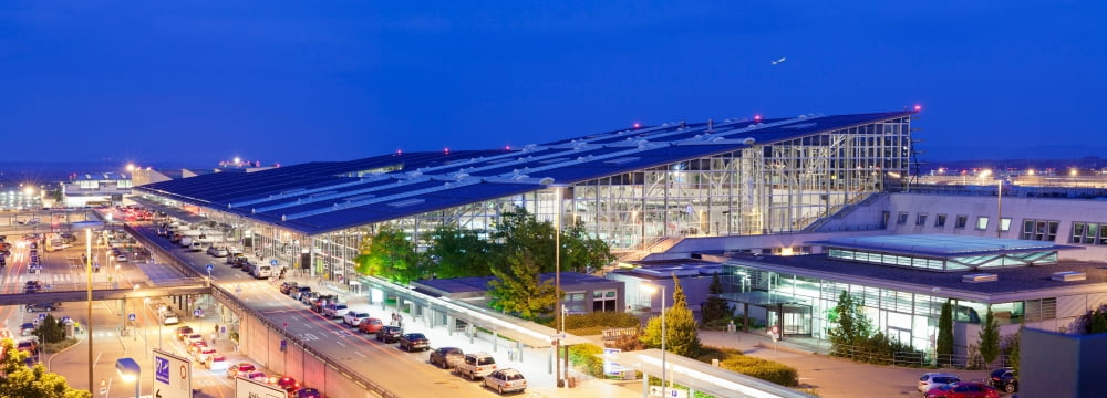 Airport at night Stuttgart Airport Stuttgart Baden-Wurttemberg Germany Canvas Art - Panoramic Images (27 x 9)