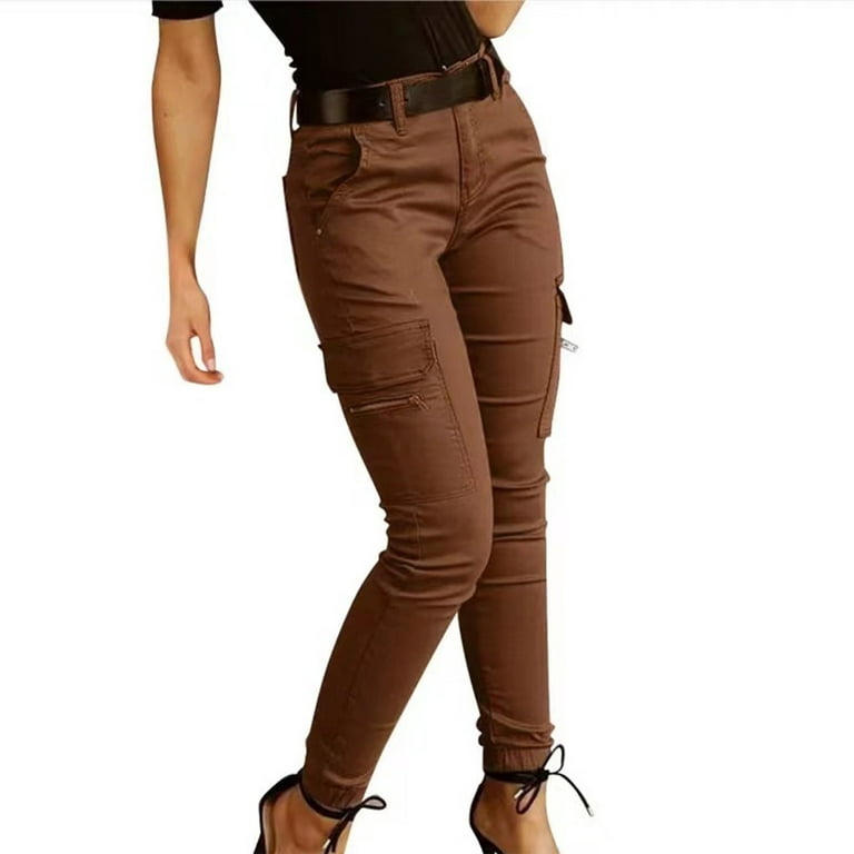 Airpow Clearance Button Cargo Pants Fashion Women Solid Sports Casual  Skinny Pockets High Waist Pants Brown S 