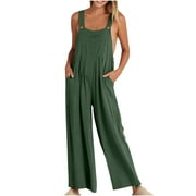 Airpow Clearance Button Womens Fashion Summer Solid Casual Camis Pocket Sleeveless Suspender Jumpsuit Green L