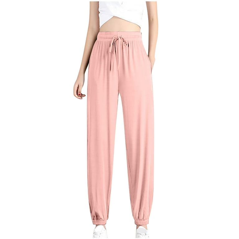 Airpow Clearance Jogger Pants Women's Summer Fashion Ice Silk Bundle Feet  High Waist Pocket Casual Pants Pink M 