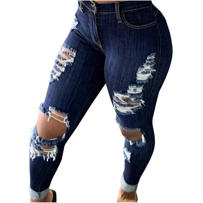 Airpow Clearance Ripped Denim Women's Pants Street Fashion Jeans Wash Holes  Show Thin Casual Trousers Pants Dark Blue L 