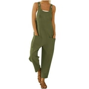 Airpow Clearance Vintage Womens Fashion Ethnic Style Solid Buttons Pocket Suspender Jumpsuit Green M