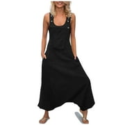Airpow Clearance Women Sleeveless Dungarees Loose Cotton Long Playsuit Jumpsuit Pants Trousers Black 3XL