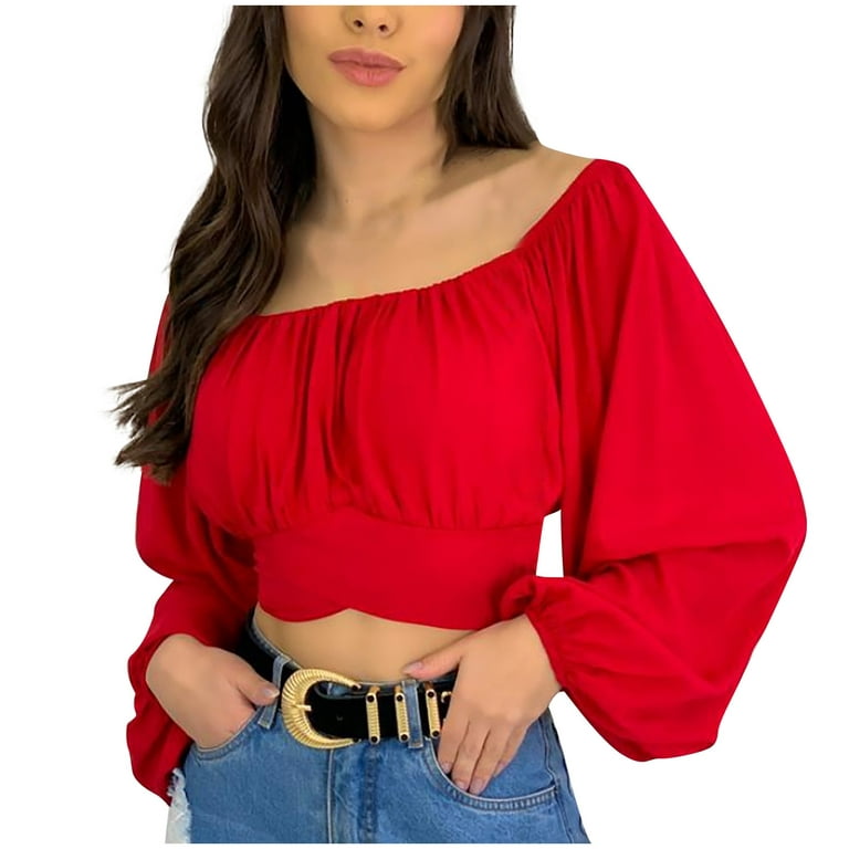 Airpow Long Sleeve Off-The-Shoulder Blouses & Shirts Women Tops Women's  Casual Sexy Fashion Summer T-neck Puff Sleeve Solid Color Shirt Top