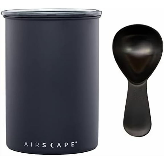Airscape Stainless Steel Coffee Canister & Scoop Bundle - Food Storage Container US Patented Airtight Lid Pushes Out Excess Air - Preserve Food Freshness (Medium, Matte Black & Brushed Black Scoop)