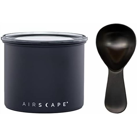 Airscape Stainless Steel Coffee Canister & Scoop Bundle - Food Storage Container - US Patented Airtight Lid Pushes Out Excess Air - Preserve Food Freshness (Small, Matte Black & Brushed Black Scoop)
