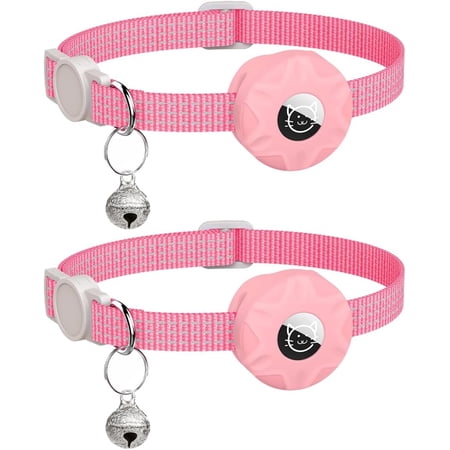 Airtag Cat Collar 2 Pack Reflective Kitten Collar with Apple Airtag Holder and Bell for Girl Boy Small Dog Puppies (Pink)