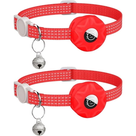 Airtag Cat Collar 2 Pack Reflective Kitten Collar with Apple Airtag Holder and Bell for Girl Boy Small Dog Puppies (Red)
