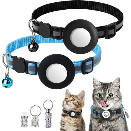 Airtag Cat Collar, 2 Pcs Air Tag Cat Collar with Breakaway Safety Buckle, Bell and ID Tags Pendant, Reflective Collar with Waterproof Airtag Holder for Apple Airtag for Cat Dog Kitten Puppy