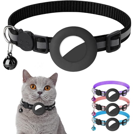 Airtag Cat Collar, Air tag Cat Collar with Bell and Safety Buckle in 3/8" Width, Reflective Collar with Waterproof Airtag Holder Compatible with Apple Airtag for Cat Puppy 1 PCS Black