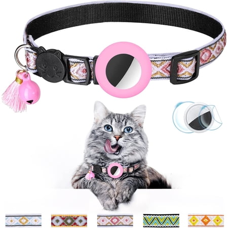 Airtag Cat Collar with Bell Adjustable Breakaway Kitten Collars:- Safety Buckle and Silicone Air Tag Holder Case Compatible with Apple Airtag Geometric Pattern Pet Collar (Pink)