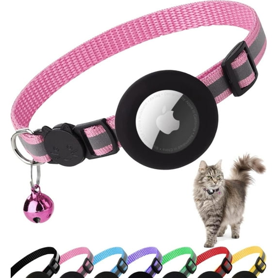 Airtag Cat Collar Breakaway, （GPS Not Included）Reflective Kitten Collar with Apple Air Tag Holder and Bell for Girl Boy Cats, 0.4 Inches in Width (Pink Airtag Not Included）