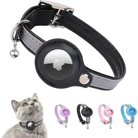 Airtag Cat Collar, Cat Collar with Bells, Reflective GPS Cat Collar, Anti-Lost Cat Tracker Collar Adjustable Leather Cat Collar for Boy Girl Cats or Small Dogs, Kittens and Puppies (S, Black)
