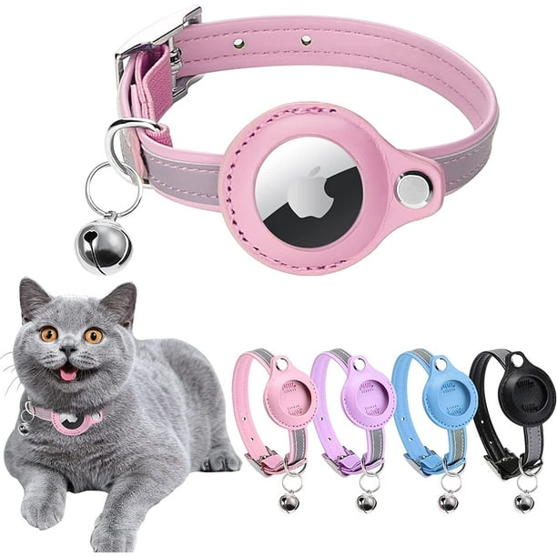 Airtag Cat Collar Cat Collar with Bells Reflective GPS Cat Collar Anti Lost Cat Tracker Collar Adjustable Leather Cat Collar for Boy Girl Cats or Small Dogs Kittens and Puppies M Pink