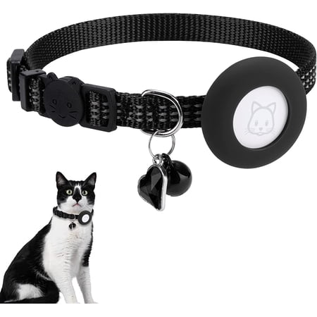 Airtag Cat Collar, Cute Reflective Air Tag Cat Collar with Bell and Breakaway Buckle & Stone, Cat Collar Compatible with Apple Airtag Tracker (Black)