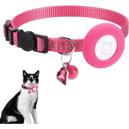 Airtag Cat Collar, Cute Reflective Air Tag Cat Collar with Bell and Breakaway Buckle & Stone, Cat Collar Compatible with Apple Airtag Tracker (Rosepink)