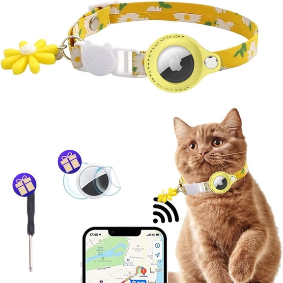 Airtag Cat Collar, Daisy Print Collar Breakaway with Airtag Holder, Airtag Cat Collar with Sunflower Pendant for Girl Boy Cats, Kittens and Puppies(yellow-1pcs)