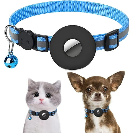 Airtag Cat Collar, Reflective Air Tag Kitten Collar with Bells, Adjustable Breakaway Safety Buckle Pet Collars with Silicone Waterproof Airtag Holder for Cat Dog Kitten Puppy (Blue)