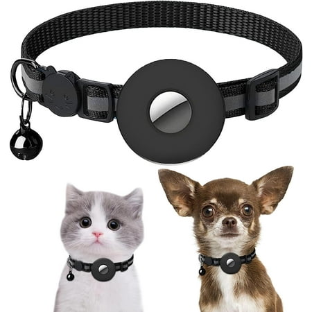 Airtag Cat Collar, Reflective Air Tag Kitten Collar with Bells, Adjustable Breakaway Safety Buckle Pet Collars with Silicone Waterproof Airtag Holder for Cat Dog Kitten Puppy (Black)