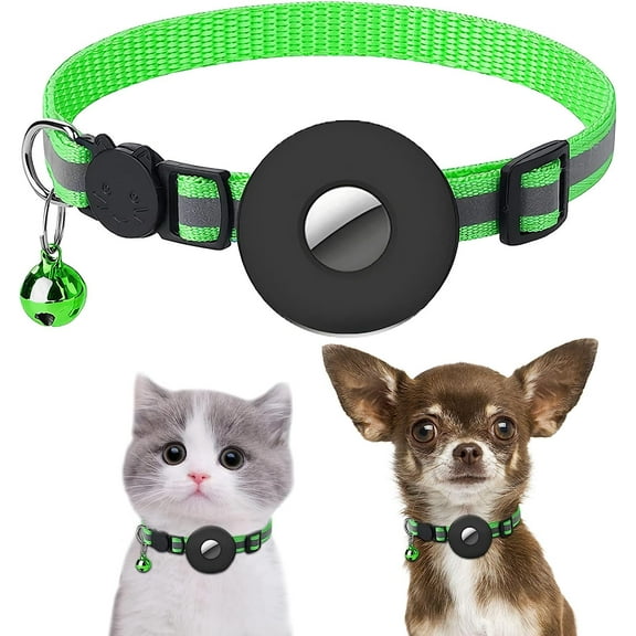 Airtag Cat Collar, Reflective Air Tag Kitten Collar with Bells, Adjustable Breakaway Safety Buckle Pet Collars with Silicone Waterproof Airtag Holder for Cat Dog Kitten Puppy (Green)