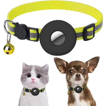 Airtag Cat Collar, Reflective Air Tag Kitten Collar with Bells, Adjustable Breakaway Safety Buckle Pet Collars with Silicone Waterproof Airtag Holder for Cat Dog Kitten Puppy (Yellow)