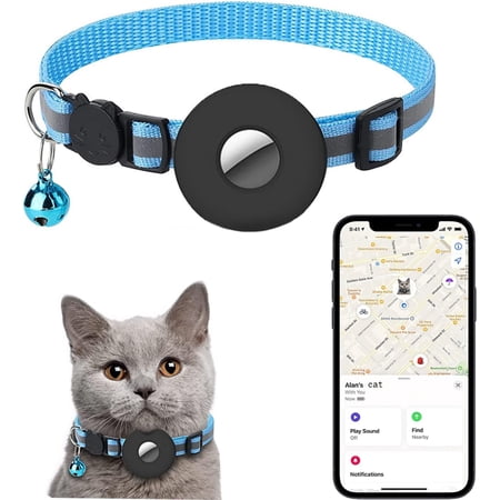 Airtag Cat Collar, Reflective Collar with Bell, Waterproof Holder Case Compatible with Apple Airtag, Prefect Size Breakaway Safety Buckle Collar for Puppy Cat Kitten (Blue)