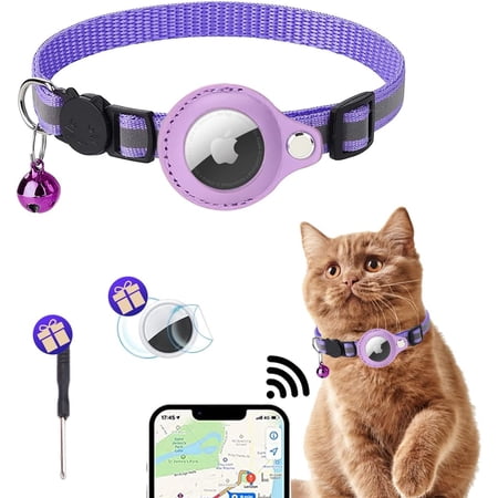 Airtag Cat Collar, Reflective Kitten Collar Breakaway with Airtag Holder, Airtag Cat Collar with Bell for Girl Boy Cats, Kittens and Puppies(purple-1pcs)