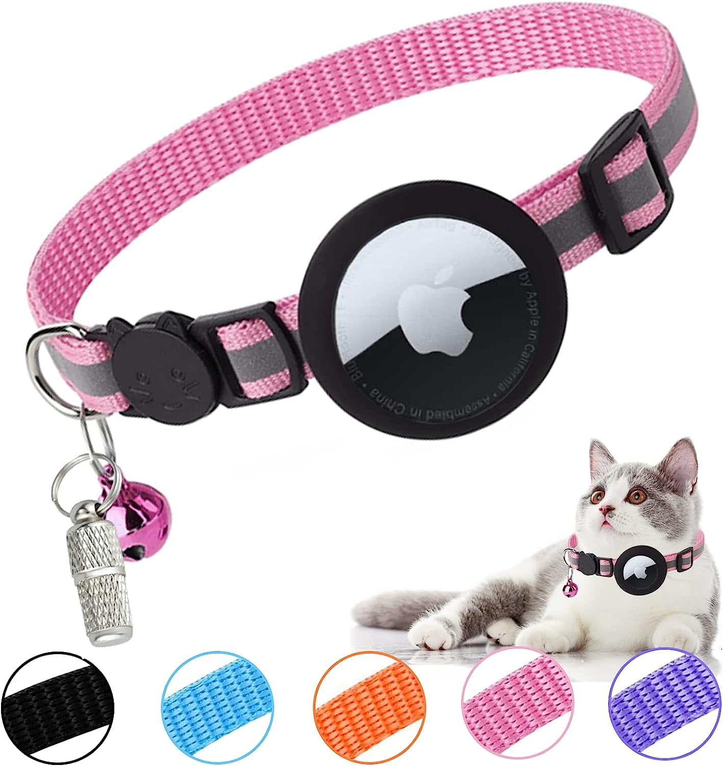 Airtag Cat Collar, Waterproof Cat Collar with Bell Reflective Strip for Apple Air Tag GPS Tracker, Detachable Airtag Cat Collar with Breakaway Bracket Cat Collar for Cat Dog Kitten Puppy
