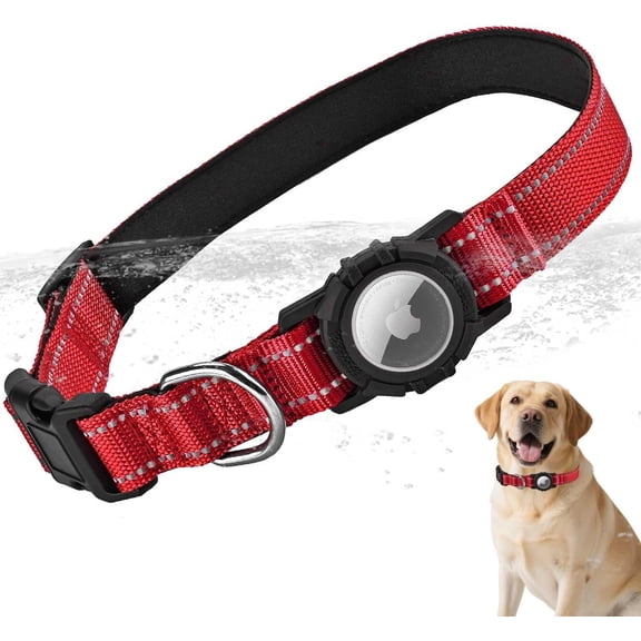 Airtag Dog Collar with Waterproof Air Tag Holder, Integrated Reflective Pet Collar with Soft Padding, Adjustable Nylon Collar for Small Medium Large Dogs, Black,L (16.1"-23.6")