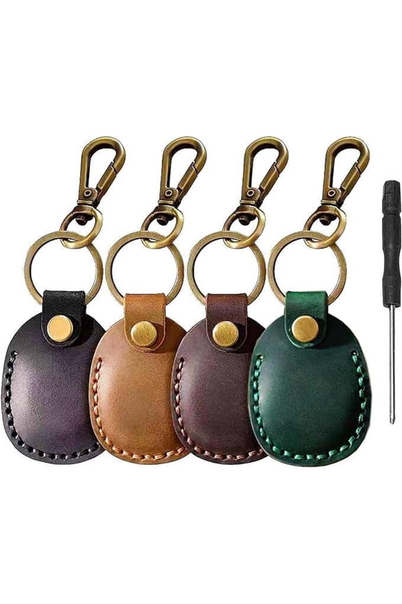 Airtag Holder Keychain-Genuine Leather Airtag Keychain Holder 4 Pack,Handmade Air Tag Keychain Case Scratch-Resistant Airtag Leather Key Chain Ring Compatible for Airtag,Dog Collar,Luggage BrioTek