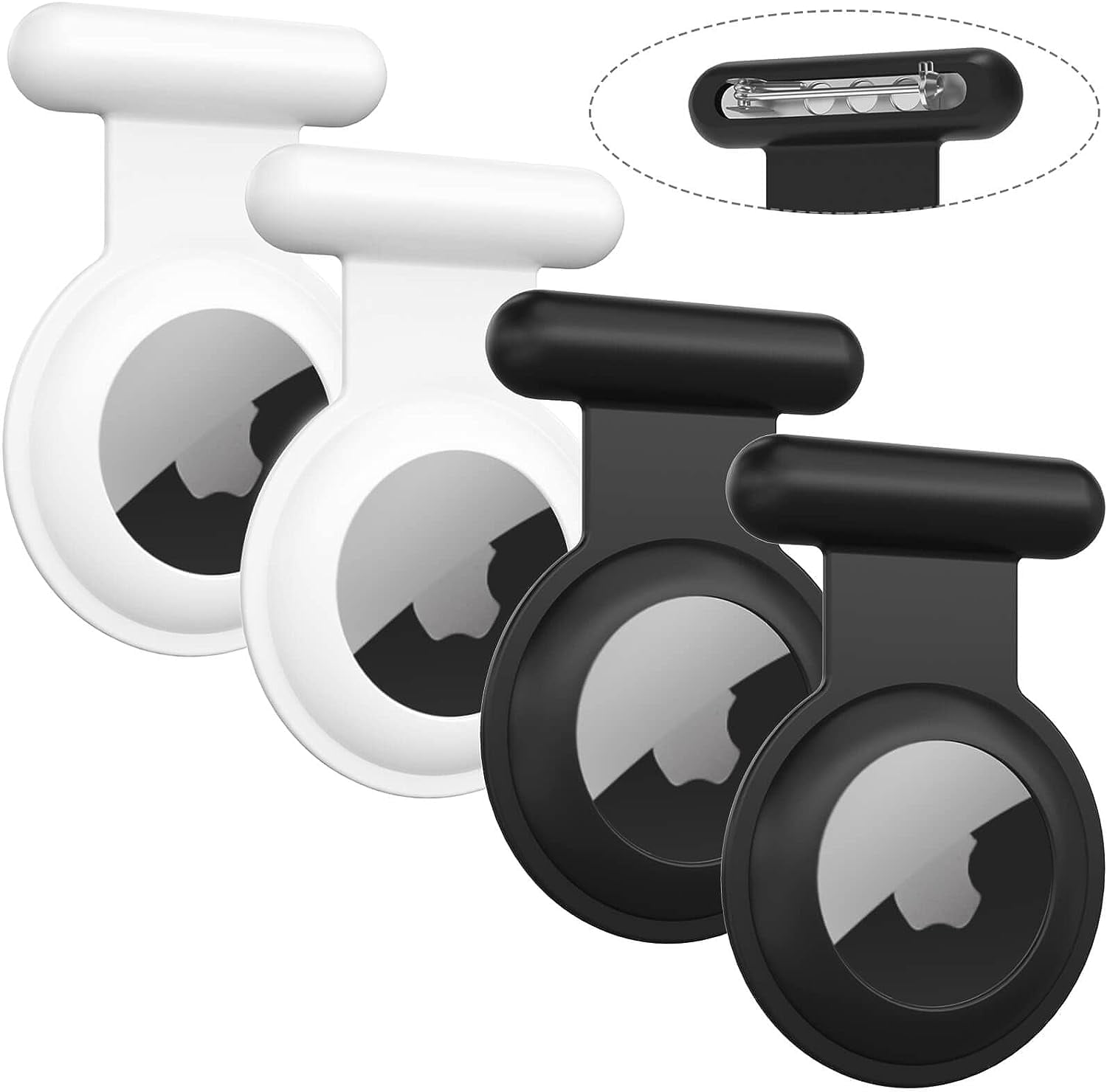 Airtag Holder for Kids, 4 Pack Silicone AirTag Case with Invisible Pin, Hidden Apple Air tag GPS Tracker Protective Cover for Clothing Backpack Luggage(Black,Black,White,White)