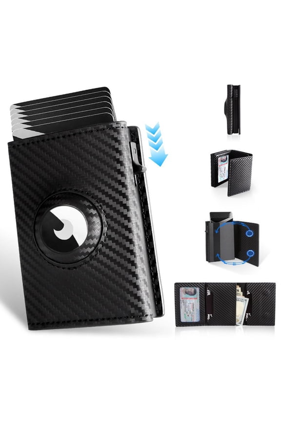 Airtag Wallet for Men, Mens Minimalist Smart Wallet for Air Tag RFID Blocking, Bifold Pop Up Aluminum Credit Card Case Holder 6+ Cards with ID Window, Gift for Men, Carbon Fiber