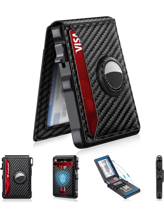 Airtag Wallet for Men, Mens Smart Wallet for Air Tag RFID Blocking, Minimalist Bifold Pop Up Aluminum Credit Card Case Holder 12+ Cards with ID Window, Gift for Men, No Airtag Included, Carbon Fiber