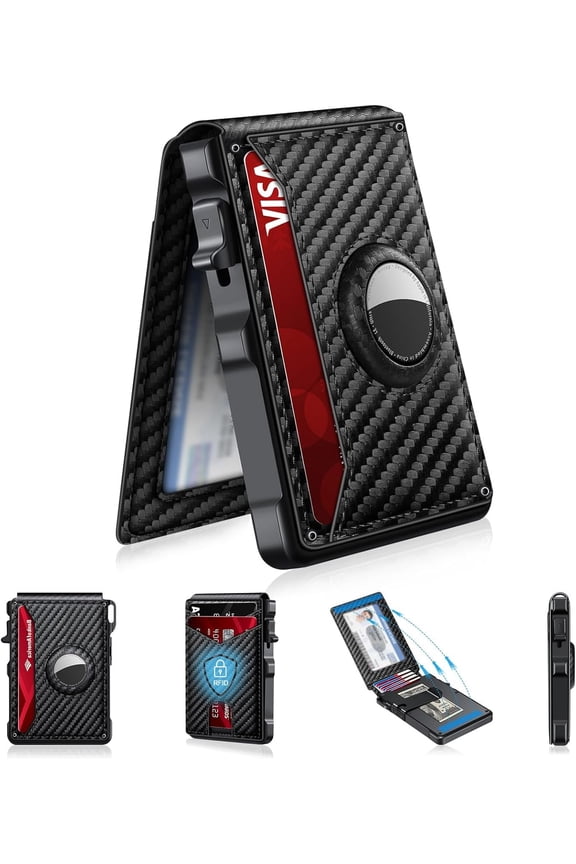 Airtag Wallet for Men, Mens Smart Wallet for Air Tag RFID Blocking, Minimalist Bifold Pop Up Aluminum Credit Card Case Holder 12+ Cards with ID Window, Gift for Men, No Airtag Included, Carbon Fiber