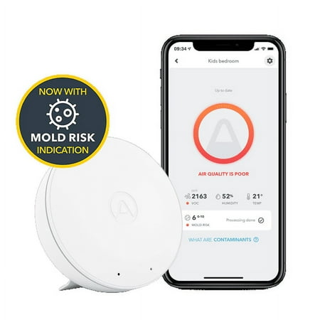 Airthings - Wave Mini Indoor Air Quality Monitor w/TVOC, Temp & Humidity sensors w/Mold Risk Indicator - White