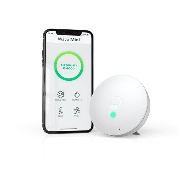 Airthings Wave Mini Smart Indoor Air Quality Monitor Battery Operated with Mold-Risk Indication