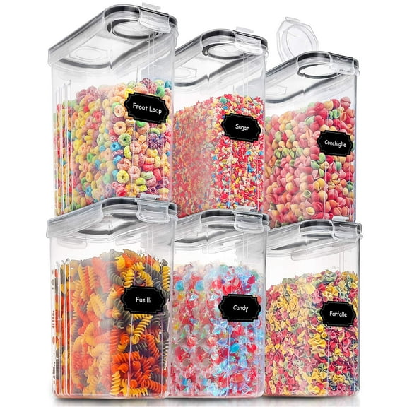 Airtight Cereal Containers 6PCS, Large 4L Dry Storage Canisters with Lids, Clear Pantry Organization Set for Flour Sugar Rice, Includes 20 Labels and Marker