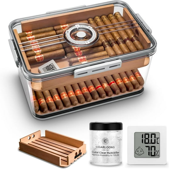 Airtight Cigar Container with Included Cigar Accessories - Cigar Humidor: Spanish Cedar Paper, Humidifier, Hygrometer - Holds 25-50 Cigars