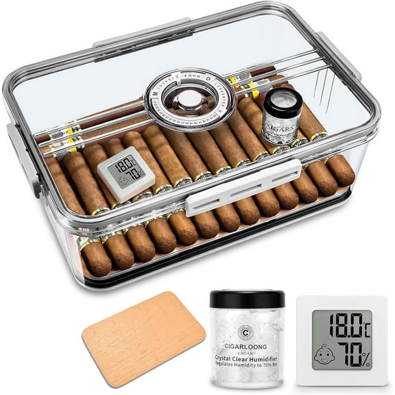 Airtight Cigar Container with Included Cigar Accessories - Cigar Humidor: Spanish Cedar Paper, Humidifier, Hygrometer - Holds 25-50 Cigars