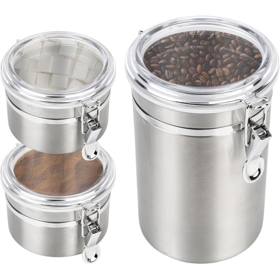 Airtight Coffee Canister, Coffee Storage Containers, Stainless Steel Kitchen Food Storage Jar for Grounds Coffee, Beans, Tea, Sugar, Flour, Cereal (Silver-1.8L*1+1.2L*2)