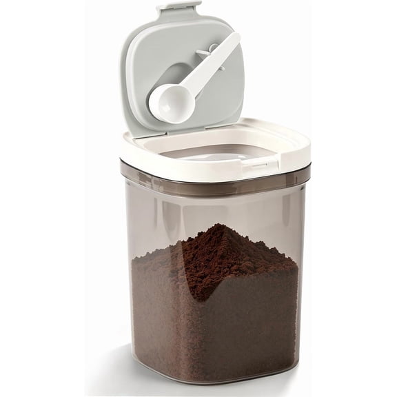 Airtight Coffee Canister with Magnetic Spoon, 1.3L BPA-Free Plastic Coffee Container for 15oz Ground Coffee & Beans, Dual Seal Locking Lid, Dark Brown Pantry Storage Jar