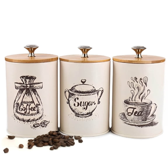 Airtight Coffee Tea Sugar Storage Canister Set Of 3 Metal Kitchen Canisters With Bamboo Lids
