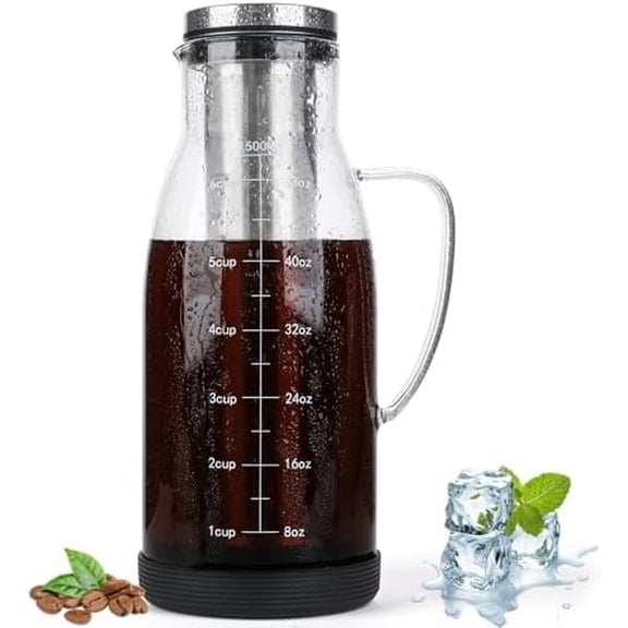 Airtight Cold Brew Coffee Maker Pitcher 51oz, Glass Iced Coffee Maker Pitcher with Removable Stainless Steel Filter and Non-Slip Base, 1.5L Iced Tea Maker$$Home Decor, Kitchen, & Other