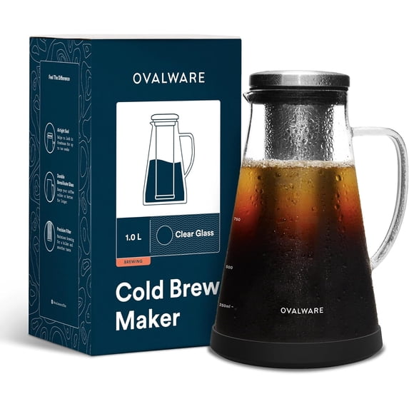 Airtight Cold Brew Iced Coffee Maker Pitcher and Tea Infuser with Spout - 1.0L / 34oz RJ3 Brewing Glass Carafe with Removable Stainless Steel Filter