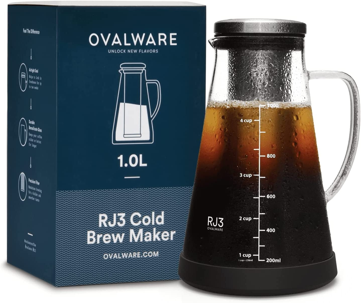 Mixpresso Cold Brew Coffee Maker Airtight Iced Coffee Maker and Tea Infuser Glass Carafe Clear CBCM-1Q-1 1L / 34oz
